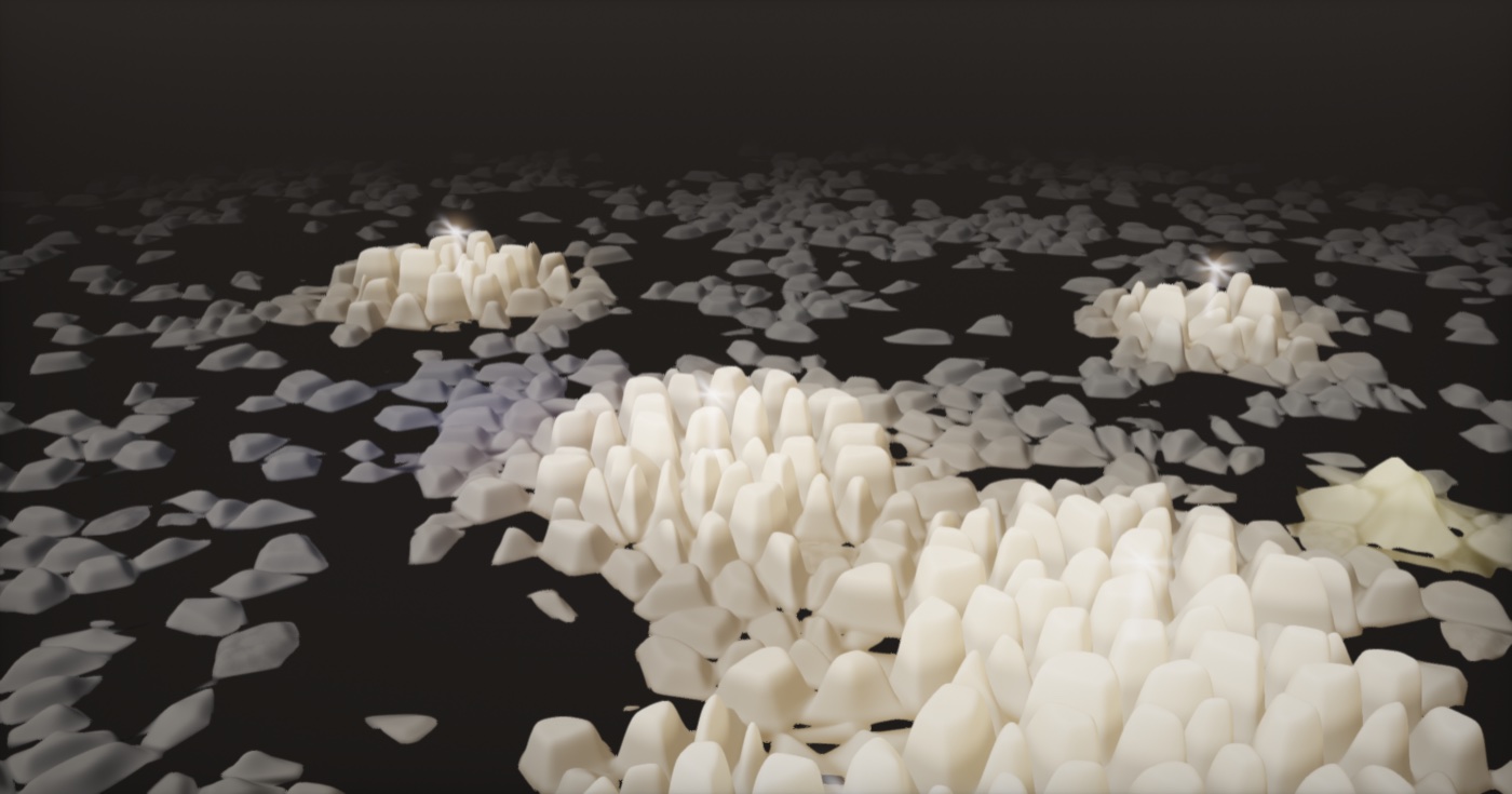 The Commons — a vast field of crystalline cells, kept and crumbling