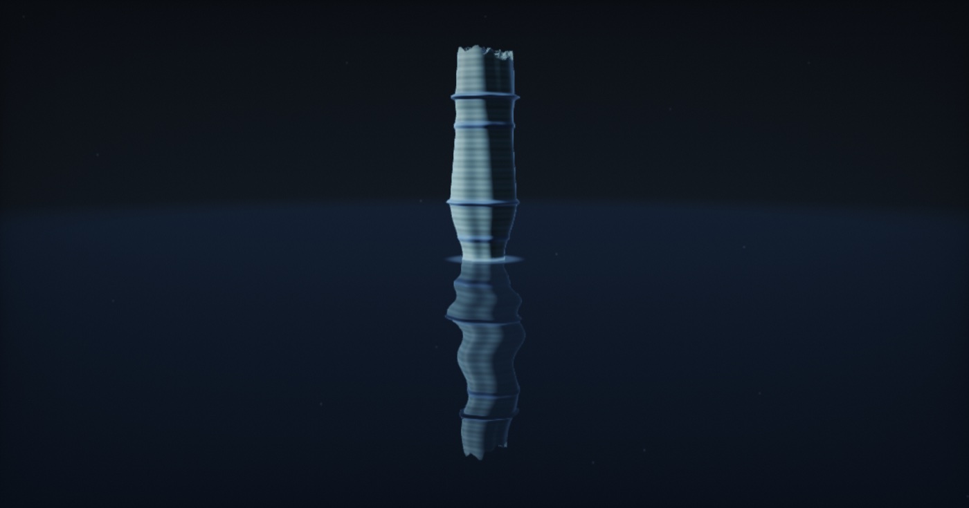 Tideline — laminated stone strata against a dark tide